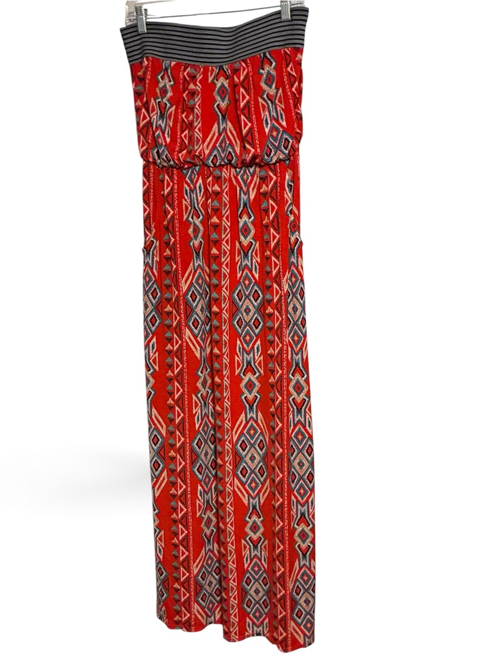 Trixxi Red Strapless Maxi Dress with Geometric Aztec Print Pockets Medium